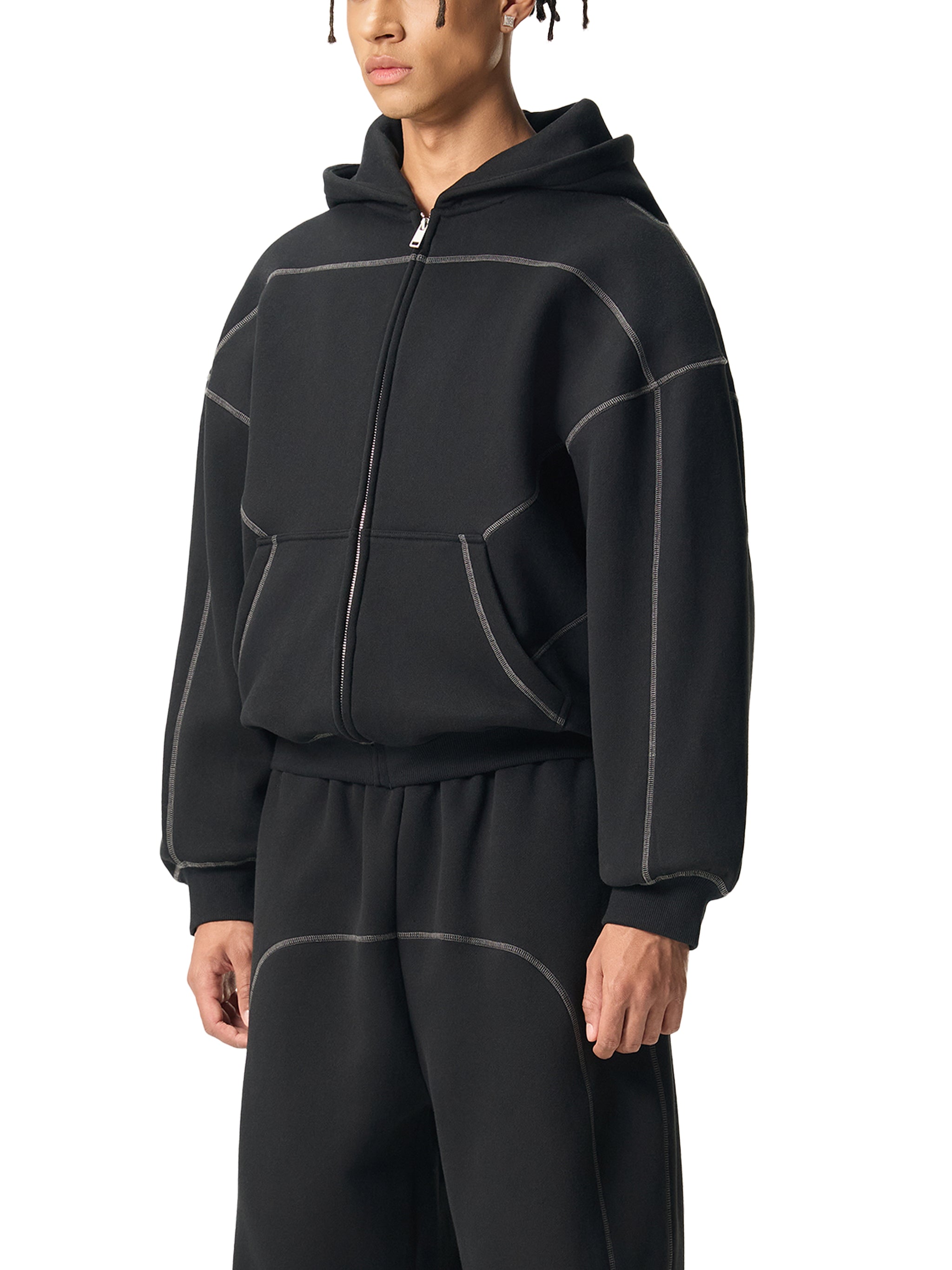 Contrast-Stitched Fleece Zip Hoodie